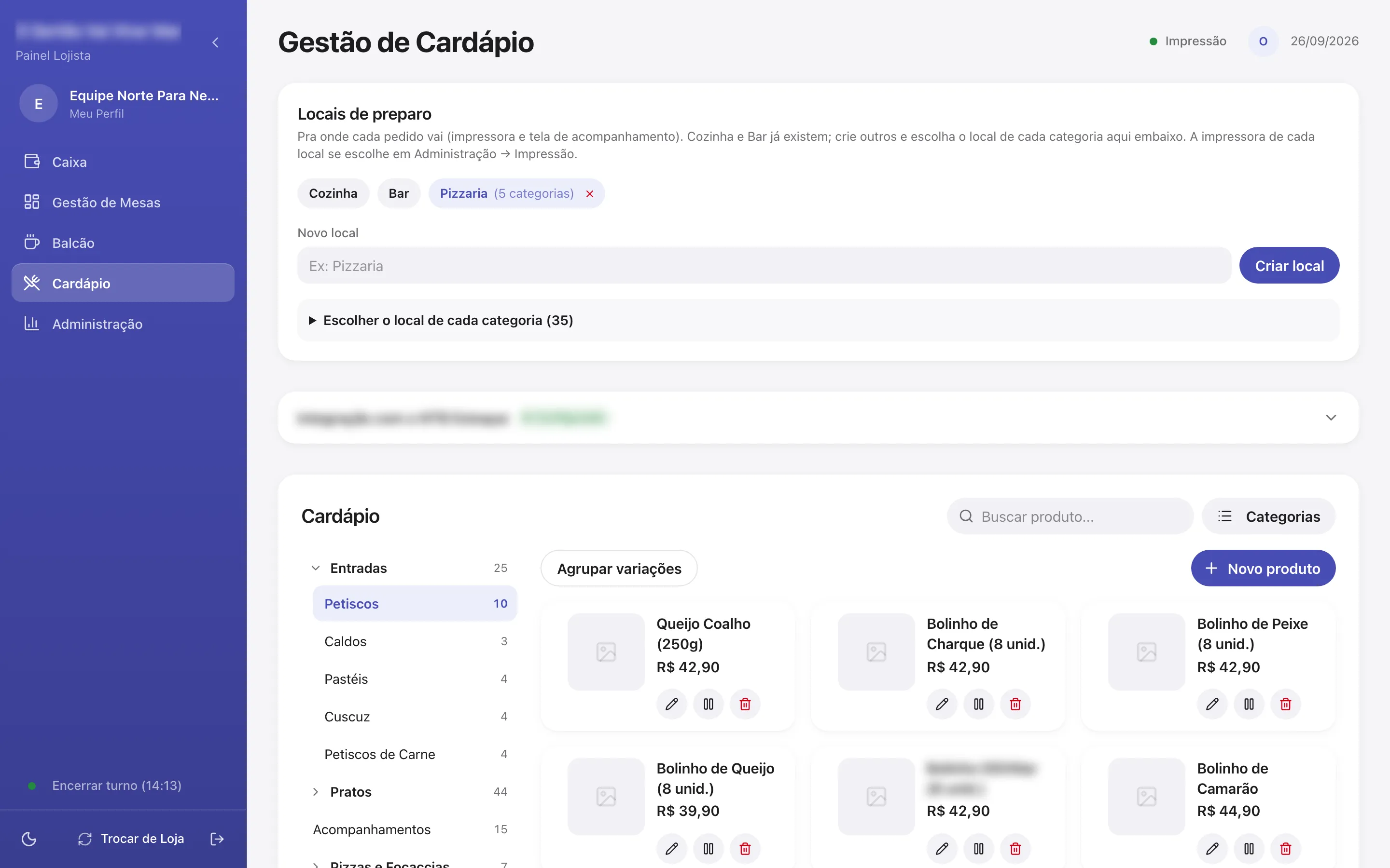 Gestão do cardápio com os locais de preparo Cozinha, Bar e Pizzaria
