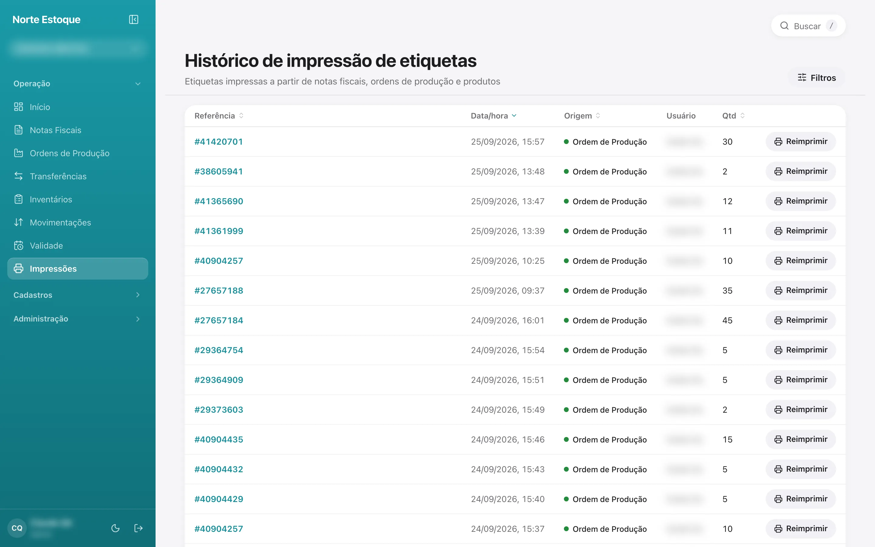 Histórico de impressão de etiquetas com botão de reimprimir