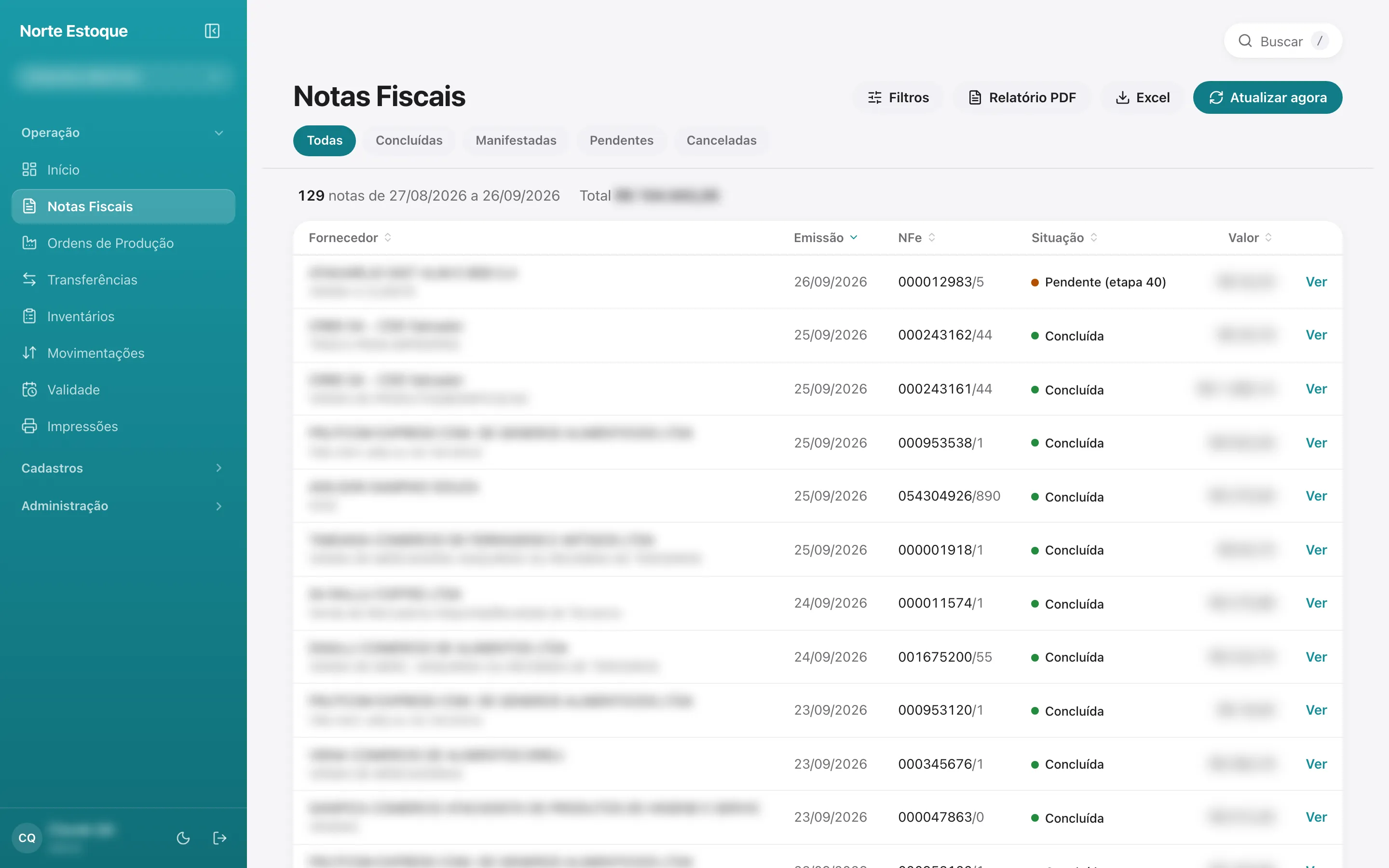 Lista de notas fiscais de entrada com situação de cada uma