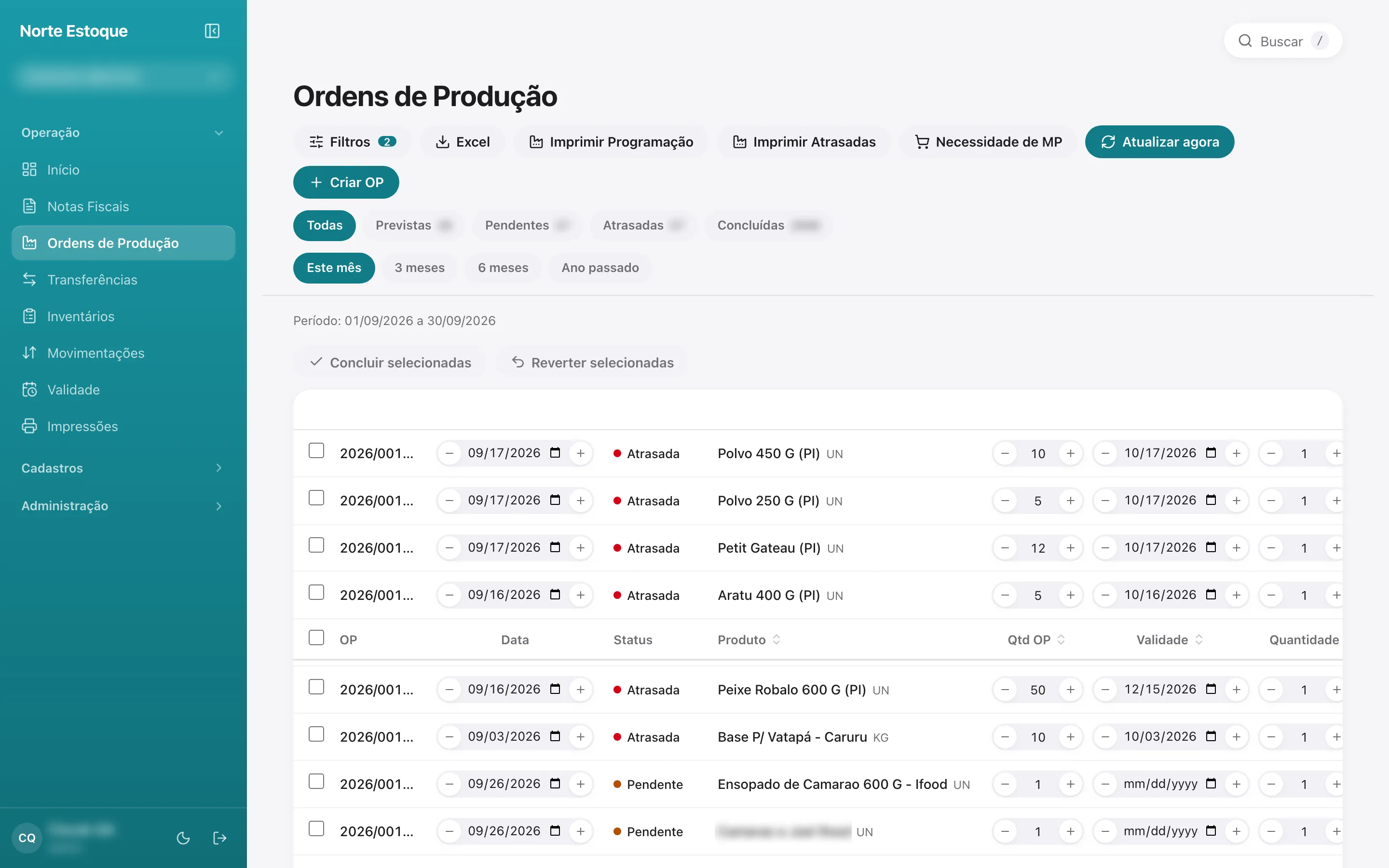 Lista de ordens de produção com situação de cada uma