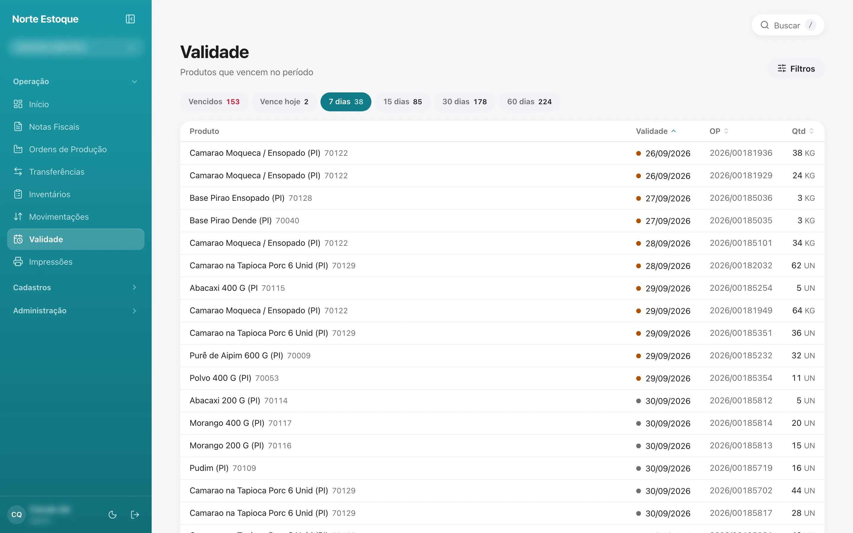 Tela de validade com produtos que vencem nos próximos 7 dias