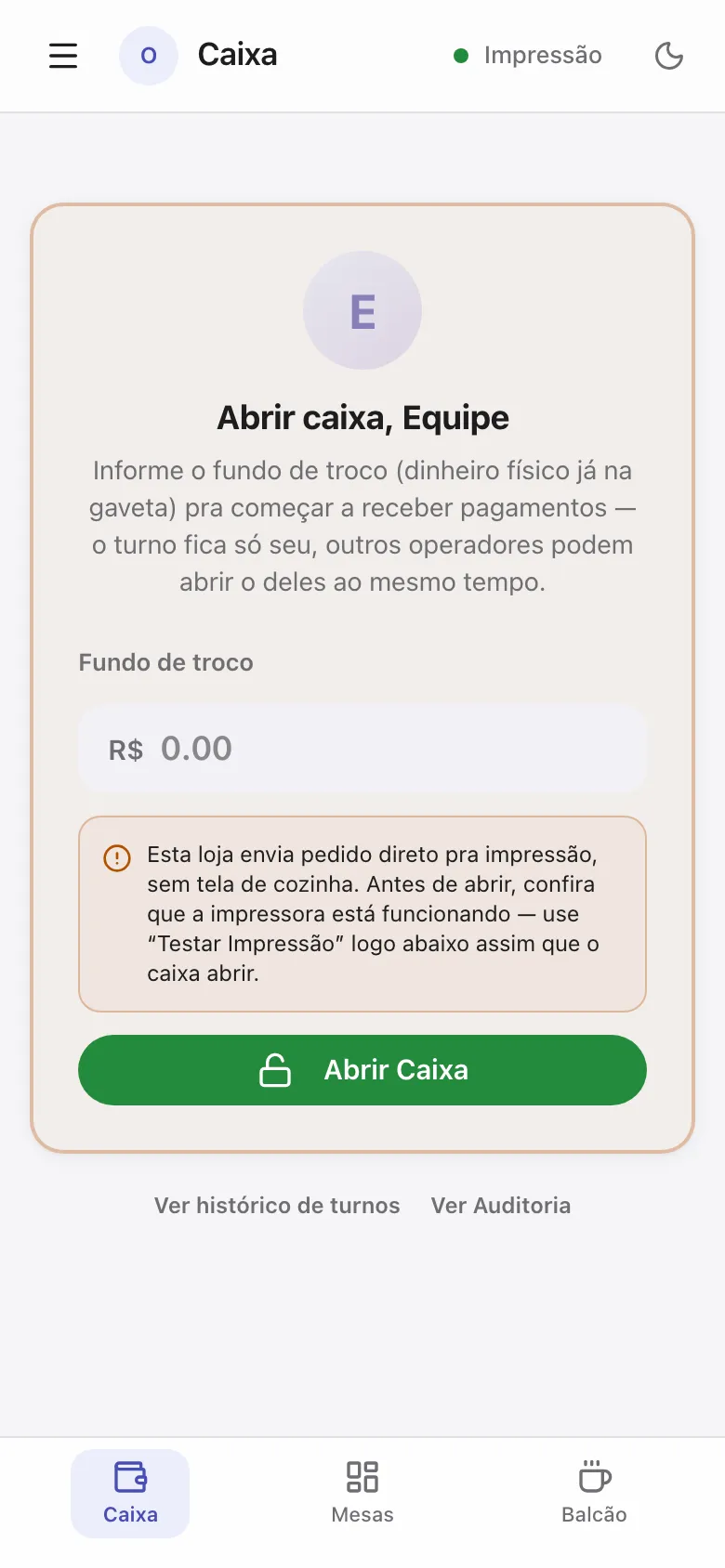 Tela de abrir o caixa com o fundo de troco