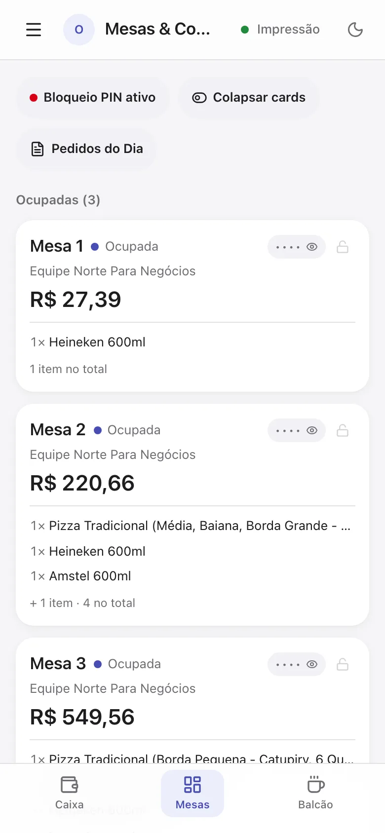 Lista de mesas ocupadas com os itens e o valor de cada comanda