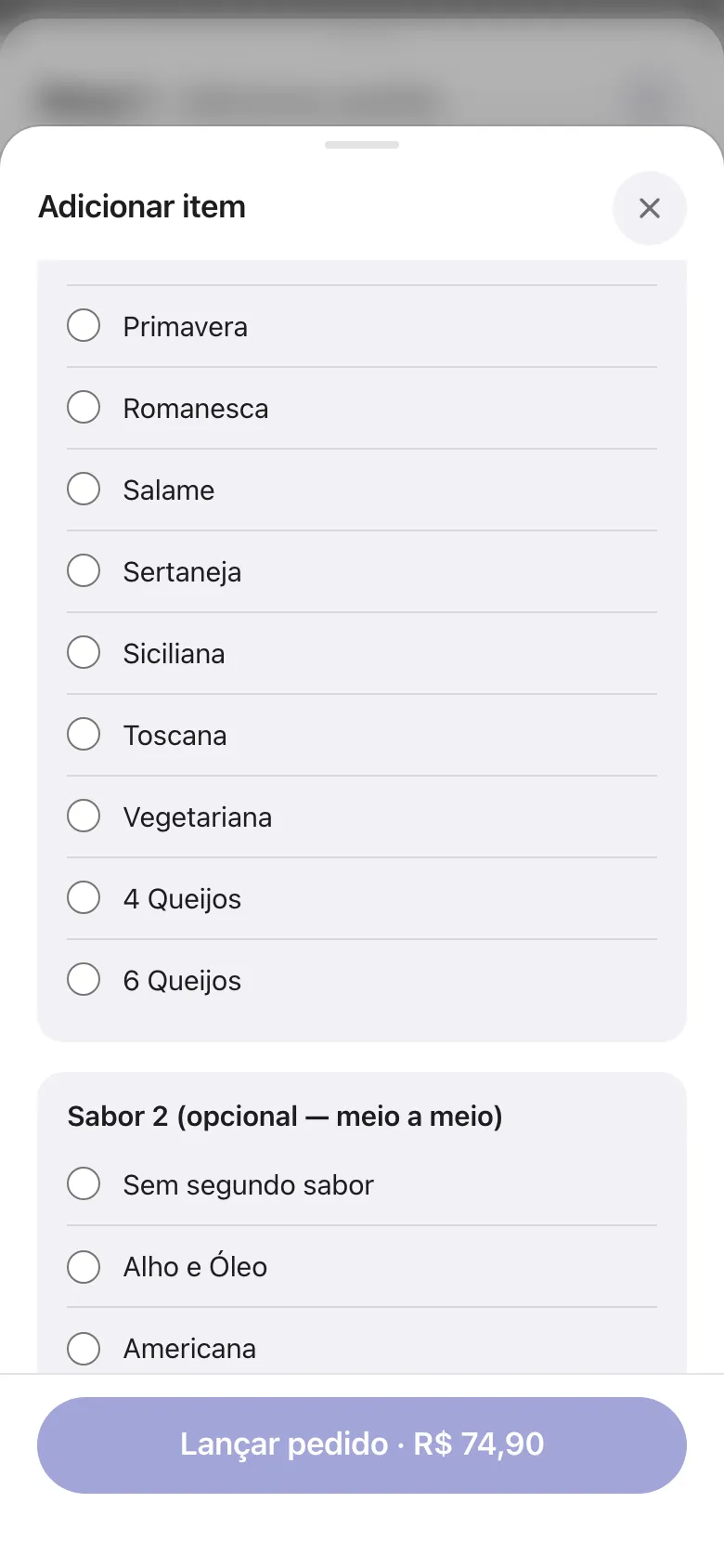Escolha do segundo sabor de uma pizza meio a meio