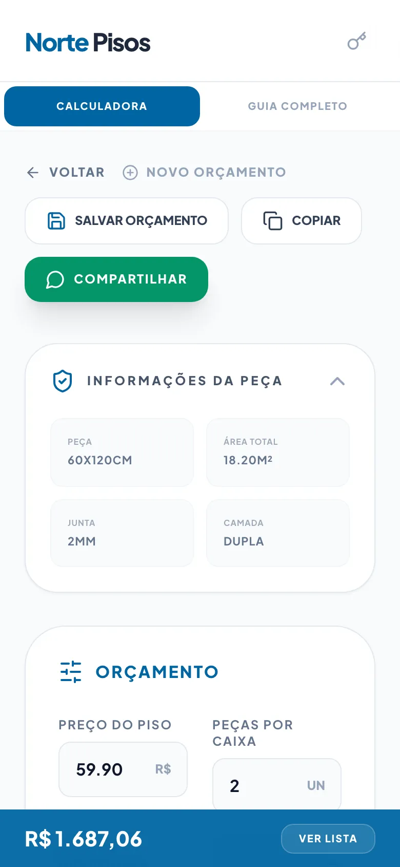 Orçamento no celular com botões de salvar, copiar e compartilhar