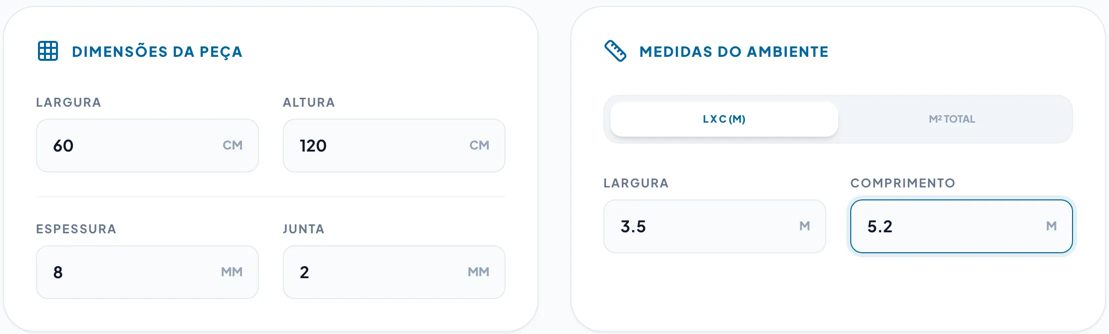 Campos de dimensões da peça (60 por 120 cm, 8 mm, junta de 2 mm) e medidas do ambiente (3,5 por 5,2 m)