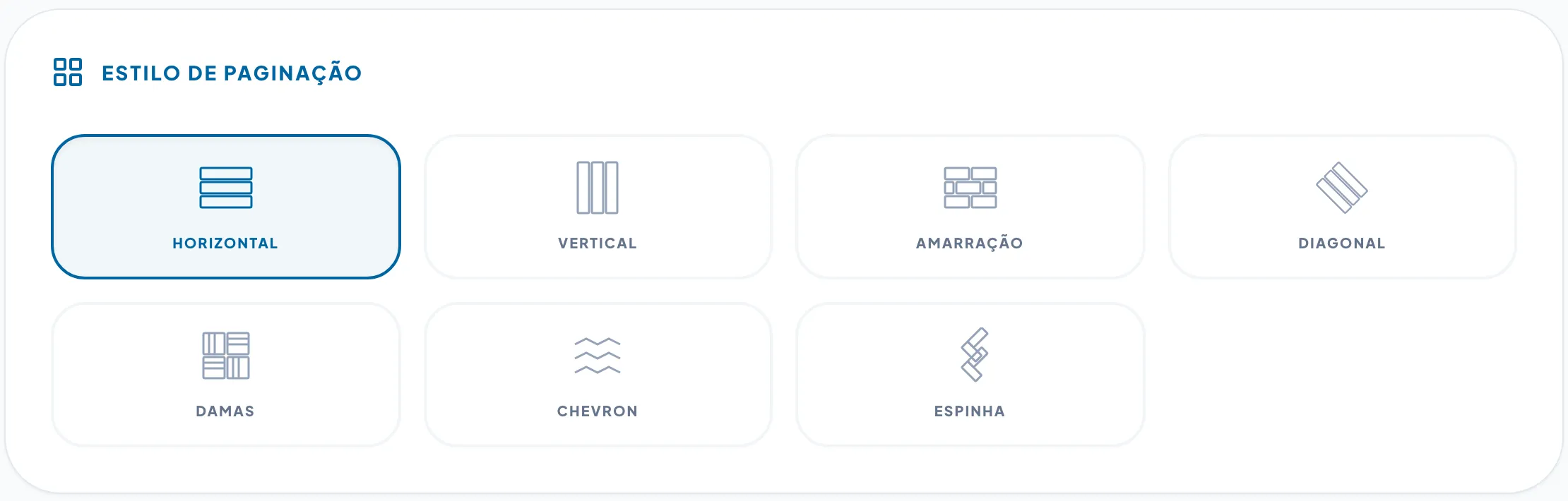 Estilos de paginação: horizontal, vertical, amarração, diagonal, damas, chevron e espinha