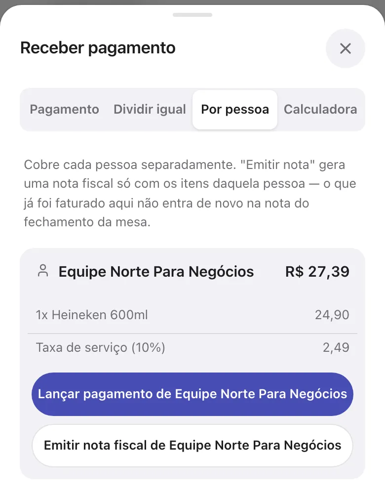 Pagamento por pessoa: itens de cada um e taxa de serviço separada